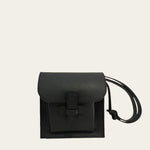 A black leather crossbody bag with an adjustable strap.