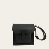A black leather crossbody bag with an adjustable strap.